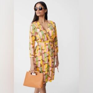 J.McLaughlin Lorelei Dress XS pink green Abstract Chaise wrap pockets knee midi